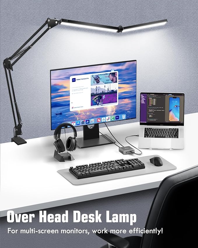 Toolour LED Desk Lamps for Home Office 2 in 1 Double Head Desk Lamp with Clamp Base,Remote Control,Dimmable Architect Clip on Desktop Computer Light Bar with Memory for Workbench Darkroom