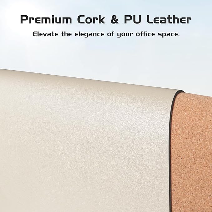 Aothia Dual-Sided Desk Mat - Natural Cork & Leather Desk Protector, Large Mouse Pad, Waterproof Blotter, Writing Pad for Office/Home, Beige (25.6"x13.7")