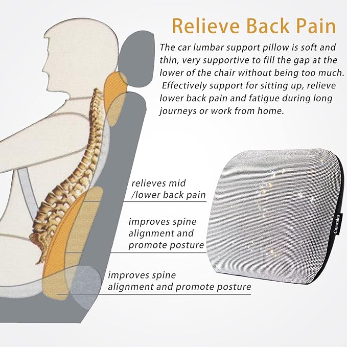 Lumbar Support Pillow Summer Decorative for Car Soft Bling Accessories Sparkly Diamond Rhinestone for Women Girls, Universal Office Chair Lower Back Cushion Rubber Black