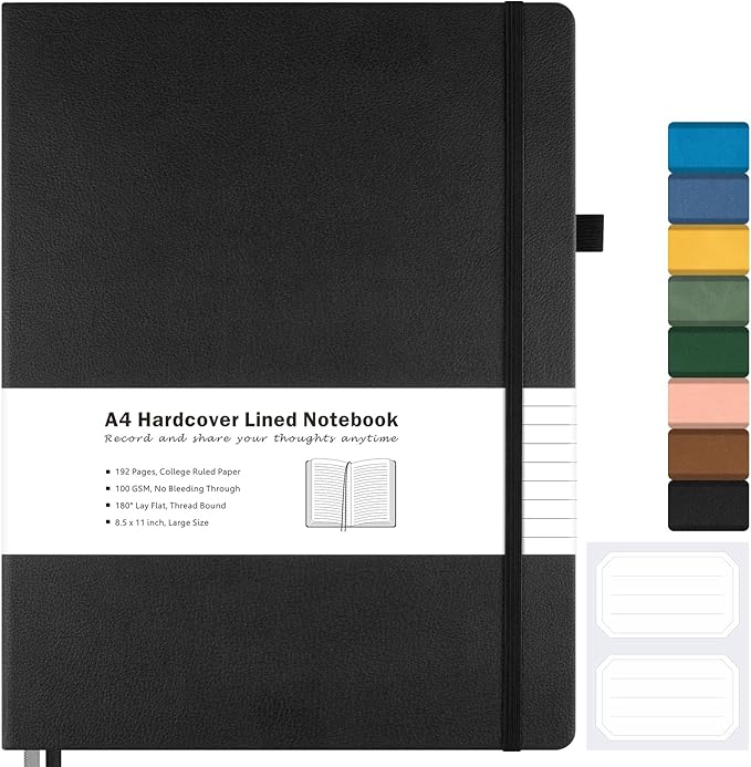 College Ruled Notebook, A4 Hardcover Leather Notebook for Work, Lined Notebook Journal for Women, Men, 192 Thick Paper, Lay Flat, Large Notebook with 2 Pockets, Professional Business Notebook, Black