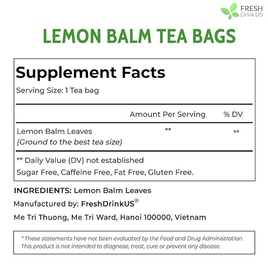 FreshDrinkUS, Premium 120 Lemon Balm Leaf Tea Bags, 100% Natural & Pure from Lemon Balm Leaves. Loose Leaf Lemon Balm Herbal Tea. Lemon Balm Leaf Tea. No Sugar, No Caffeine, No Gluten, Vegan. Lemon Balm Tea