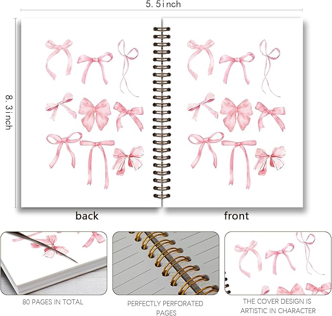 Coquette Pink Bow Notebook Journal, Preppy Aesthetic Journal Notebook for Work Note Taking,Pink Girly Notebook,Preppy Gifts for Women,Pink Office Supplies,Spiral Notebook 5.5x8.3 Inch