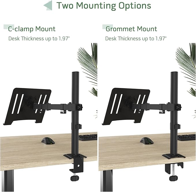 Laptop Desk Mount, Single Laptop Stand Arm with Vented Tray for 17 inch Notebook or 14”-32” Monitor, Holds up to 17.6 lbs, Fully Adjustable, Clamp/Grommet Mounting, VESA 75/100mm