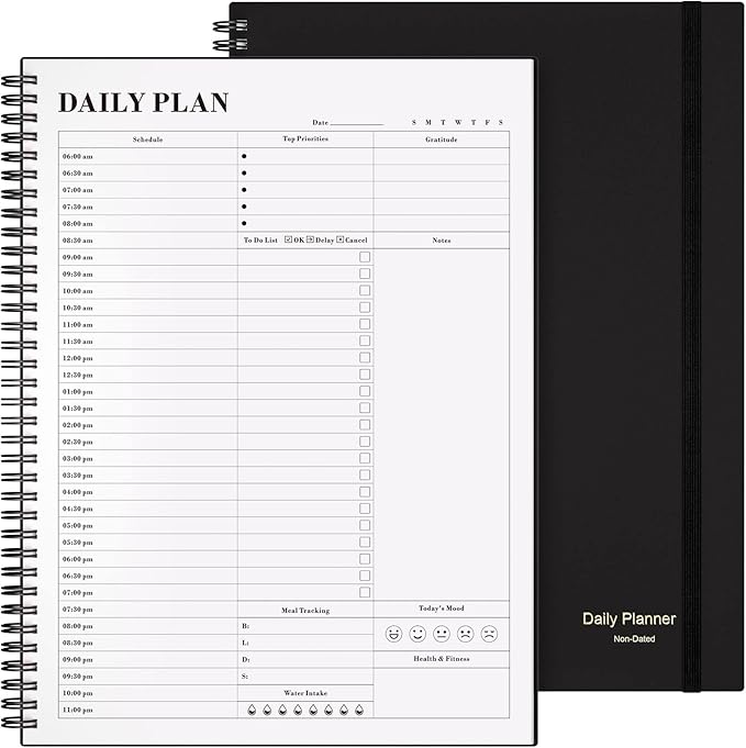 Planner Undated, Asten Daily Planner Agenda with To Do List, Hourly Schedules for Women and Men, Spiral Appointment Book with Elastic Closure, Inner Pocket 8.5" x 11" (Black)