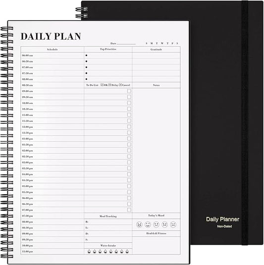 Planner Undated, Asten Daily Planner Agenda with To Do List, Hourly Schedules for Women and Men, Spiral Appointment Book with Elastic Closure, Inner Pocket 8.5" x 11" (Black)