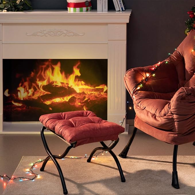 AbocoFur 15"(H) Folding Footrest Stool, Accent Padded Sofa Foot Stool for Lazy Chair, Upholstered Small Foldable Ottoman, Metal Frame Portable Foot Rest Ottoman for Living Room, Bedroom, Brick Red