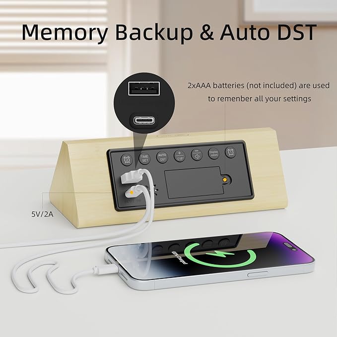 Solid Wood Digital Alarm Clock for Bedroom - 8.8 Inch Large Display for Living Room, See Time Instantly! Multicolor Backlight Time Display, Dual Alarms, Date/Temp/Day, DST, Snooze (Bamboo)