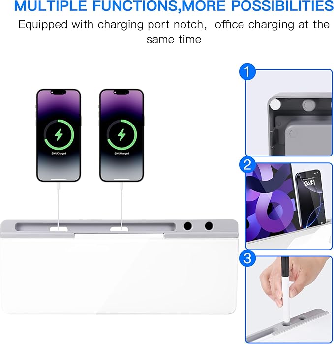 KVY Desk Whiteboard with Storage,Desktop Glass Dry Erase White Board Organizers Supplies with Accessories for Office, Home, School Essentials (Grey)