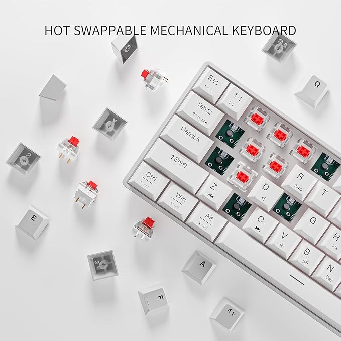 Newmen GM610 60% Wireless Mechanical Gaming Keyboard,Wired/Bluetooth/2.4G Keyboard,RGB Backlit,61 Anti-Ghosting Keys,Programmable,Hot-Swappable,for Windows Mac Android (White/Red Switch)