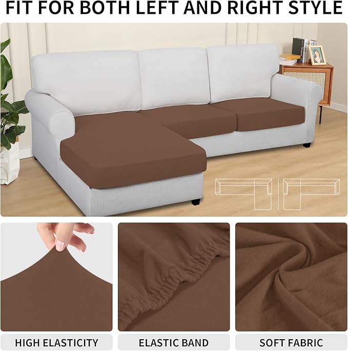 Easy-Going 100% Waterproof 3 Pieces Couch Cushion Covers for Sectional Sofa Left/Right L Shape Chaise Lounge Sofa Seat slipcover Anti-Slip Sofa Cover (2 Seater + 1 Chaise, Brown