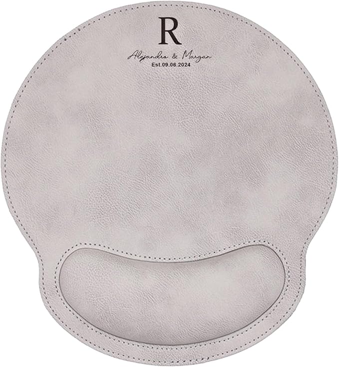Personalized Leather Custom Mouse Pad with Wrist Rest,Customized Mouse Pads for Desk,Perfect Gift for Weddings, Anniversaries, Birthdays,and Special Occasions (D (Silver-Round with Wrist Rest))