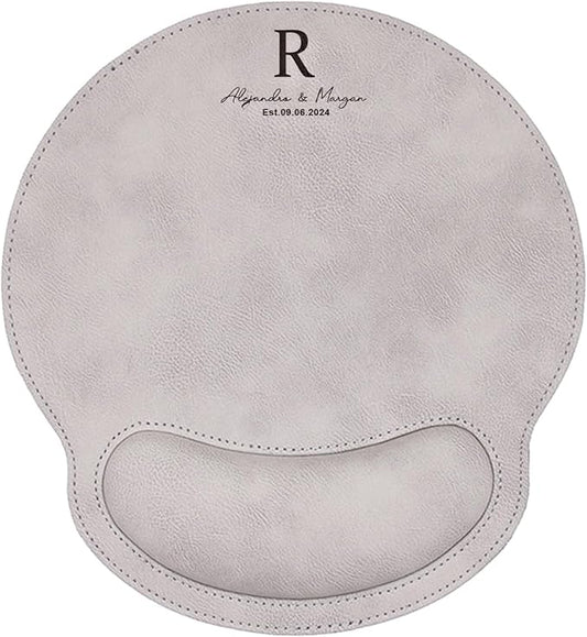Personalized Leather Custom Mouse Pad with Wrist Rest,Customized Mouse Pads for Desk,Perfect Gift for Weddings, Anniversaries, Birthdays,and Special Occasions (D (Silver-Round with Wrist Rest))