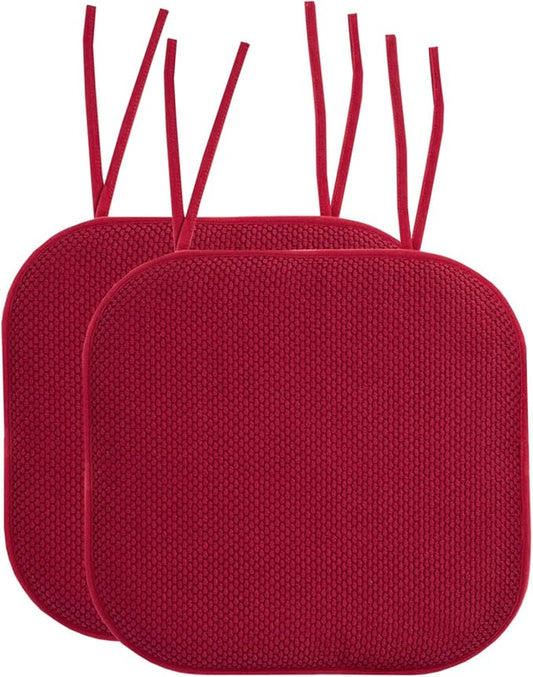 Sweet Home Collection Chair Cushion Memory Foam Pads with Ties Honeycomb Pattern Slip Non Skid Rubber Back Rounded Square 16" x 16" Seat Cover, 2 Pack, Red