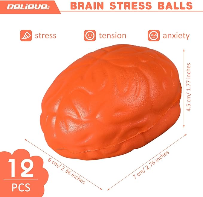 Leitee 12 Pcs Brain Stress Balls Bulk Large Halloween Brain Toys PU Hand Muscle Exercise Pressure Ball Funny Stress Relief Toy for Teens Adult Improving Grip Strength Prop(Orange)