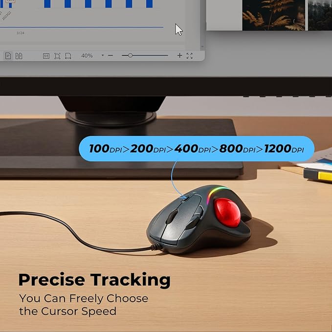 Wired Trackball Mouse with RGB Lighting, Ergonomic Thumb Control to Reduce Muscle Strain, 5 Adjustable DPI, Dual USB-C & USB-A Connectivity, Compatible with PC, Laptop, Mac, Windows-Red