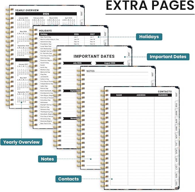 2026 Planner, Monthly and Weekly Calendar Planner for Women, January 2026 - December 2026, Hardcover Pretty 2026 Agenda Planner Book with Tabs, Spiral Bound, Perfect for School Office Home Supplies, 6.3" x 8.5" - Royal Flowers