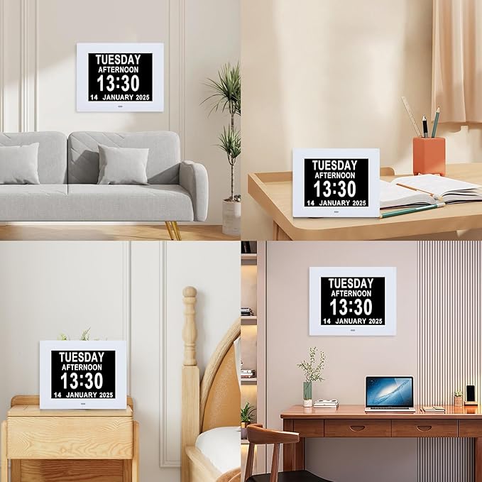 Digital Dementia Alarm Clock 8 inch Large Display, Electronic Calendar Clock with Day and Date for Elderly,3 Time Period Oversized Character Drug Reminders Clock for Dementia Elderly Patients