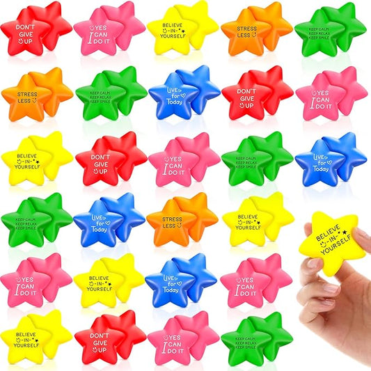 HyDren 48 Pcs Motivational Star Stress Balls Bulk Colorful Stress Relief Ball with Inspirational Quotes Emotional Hand Exercise Support Toys for Employee Coworker Students Teachers(Bright Color)