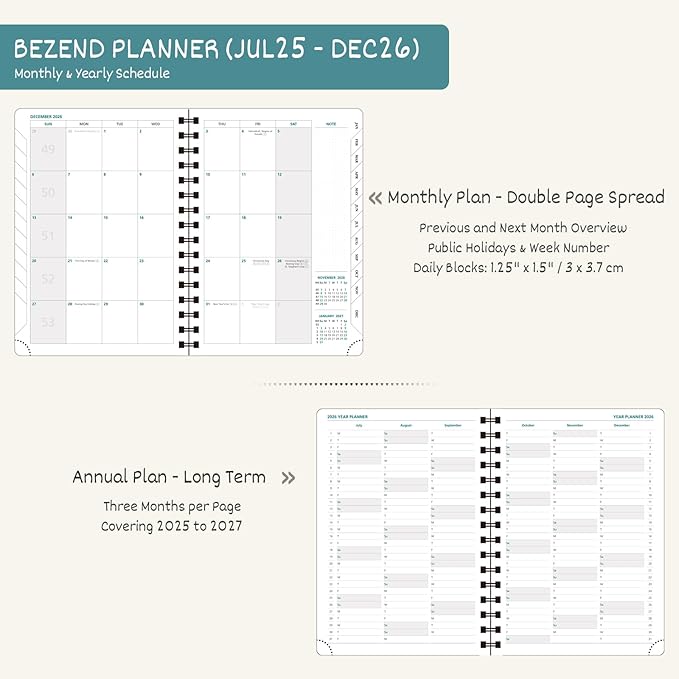 BEZEND Planner 2025-2026 Weekly and Monthly, 5.8" x 8.5" Academic Calendar (Jul 25-Dec 26) Vertical Daily Appointment with Hourly Timeslot & Monthly Tab, Spiral, PU Leather Softcover - Kiwi