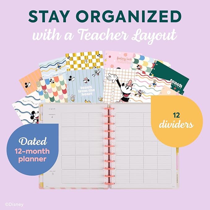 Happy Planner Disney Disc-Bound 12-Month Academic Planner, July 2025–June 2026, 3 Extra Months, 2 Sticker Sheets, Big Size, Teacher Layout, Mickey Mouse & Friends Theme, Current Classroom