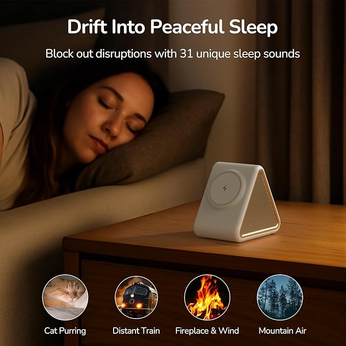Housbay Sound Machine with Magnetic Wireless Charger for iPhone,2-in-1 Design for Clutter-Free Nightstand,Dual-Speaker Stereo Sound for Sleeping - Cream
