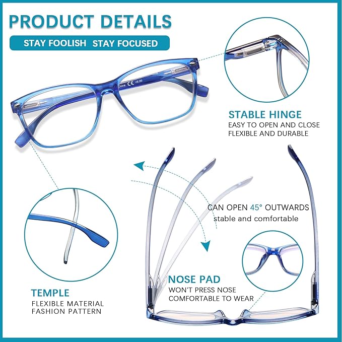 6 Pack Blue Light Blocking Reading Glasses for Women Adjustable Spring Hinge Lightweight Frame Computer Readers