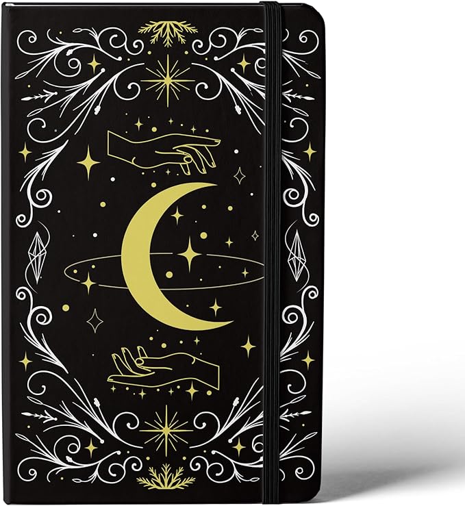 BUKE A5 Dotted Journal – 160gsm Ultra Bamboo Paper, Moon & Star Foil Cover, Flat Lay Notebook with Gift Box – 160 Pages, 5mm Dot Grid, Faux Leather Hardcover (Black)