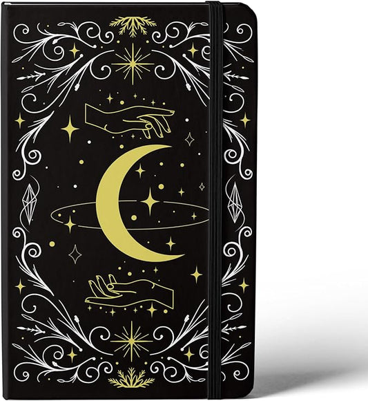 BUKE A5 Dotted Journal – 160gsm Ultra Bamboo Paper, Moon & Star Foil Cover, Flat Lay Notebook with Gift Box – 160 Pages, 5mm Dot Grid, Faux Leather Hardcover (Black)