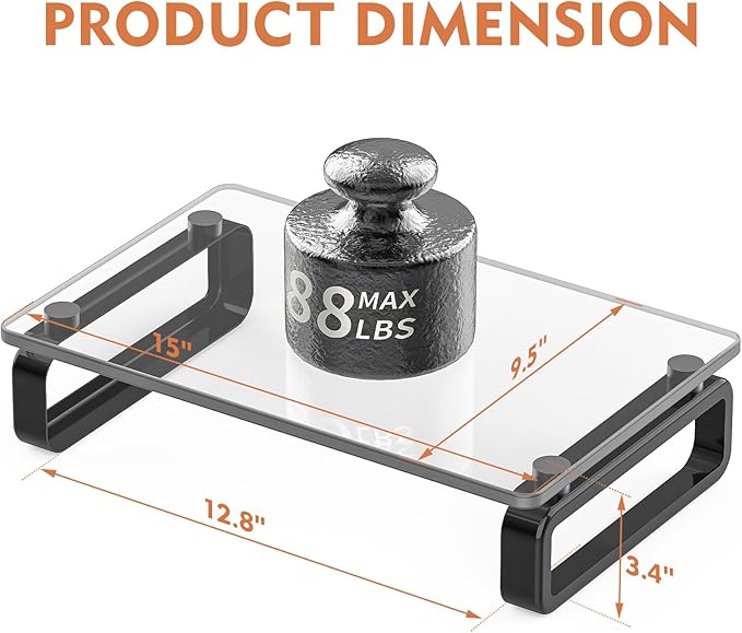 Hemudu Computer Monitor Stand Riser Multi Media Desktop Stand for Flat Screen LCD LED TV, Laptop/Notebook, with Tempered Glass and Metal Legs, Black HD02B-001U