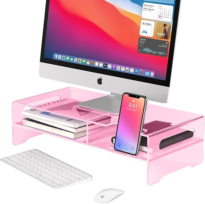 Pink Acrylic Monitor Stand Riser, 2-Tier computer stand with Storage, clear monitor stand for desk Suitable for laptops, printers, TV，desk organization With phone holder