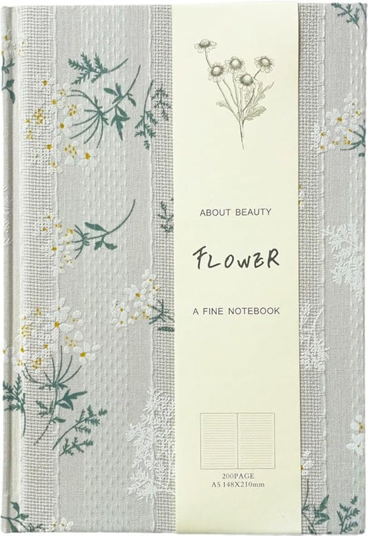 Floral Journal for women, Floret Printed Fabric Cloth Hardcover, A5, 200 Pages, 6x8 Medium Ruled Notebook, Similar Embroidered Linen Journal, Lay Flat Church Notes Notebook, Beige