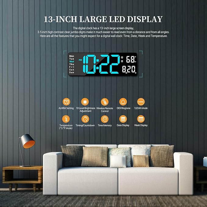 Digital Clock, Digital Wall Clock for Living Room Decor, Desk Alarm Clock for Bedroom, Large Wall Clock with Remote Control, Automatic Brightness Dimmer LED Clock with Date Temperature Week (Blue-B)
