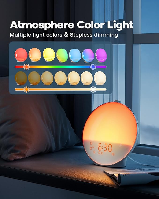 Sunrise Alarm Clock for Heavy Sleepers, Wake Up Light with Sunrise/Sunset Simulation, Dual Alarms & Natural Sounds, Snooze & Sleep Aid, FM Radio, 7 Colors Night Light for Bedroom, Ideal for Gift