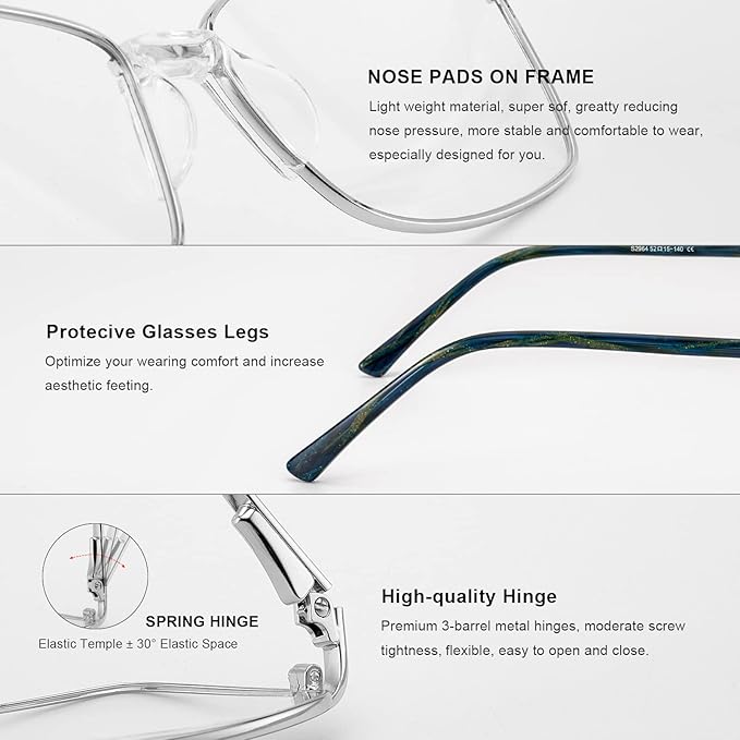RB. Pilot Reading Glasses Spring Hinge Readers for Women Blue Light Blocking Computer Metal Frame Acetate Legs