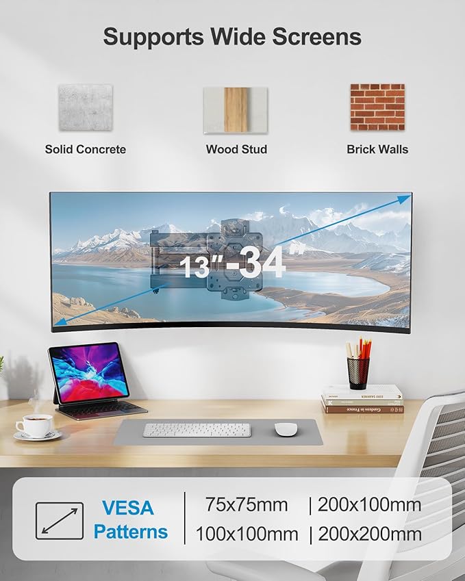 HUANUO Single Monitor Wall Mount for 17 to 34 Inch Computer Screens, Holds up to 44 lbs, Full Motion Wall Mount Monitor with Articulating Arms, Swivel, Rotation, Tilt, Max VESA 200x200, Black