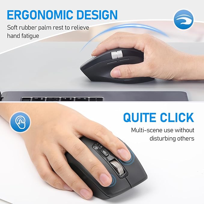Wireless Side Scroll Mouse with Multi-Device, Ergonomic Computer Mice with Smart Flying Scroll, Quiet Click for Computer, Laptop, iPad, Tablet, MacBook (Grey)