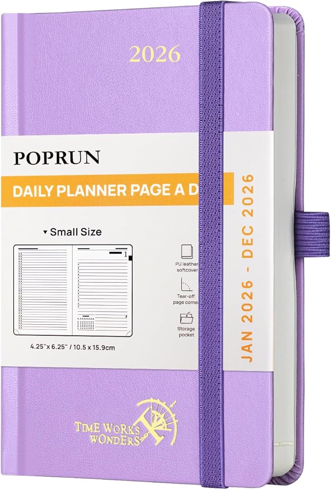 POPRUN 2026 Daily Planner One Page Per Day A6 Size Calendar (4.25" x 6.25") - 12 Months Hourly Appointment Book with Hardcover, Monthly Tabs, Inner Pocket, Pen Holder - Violet
