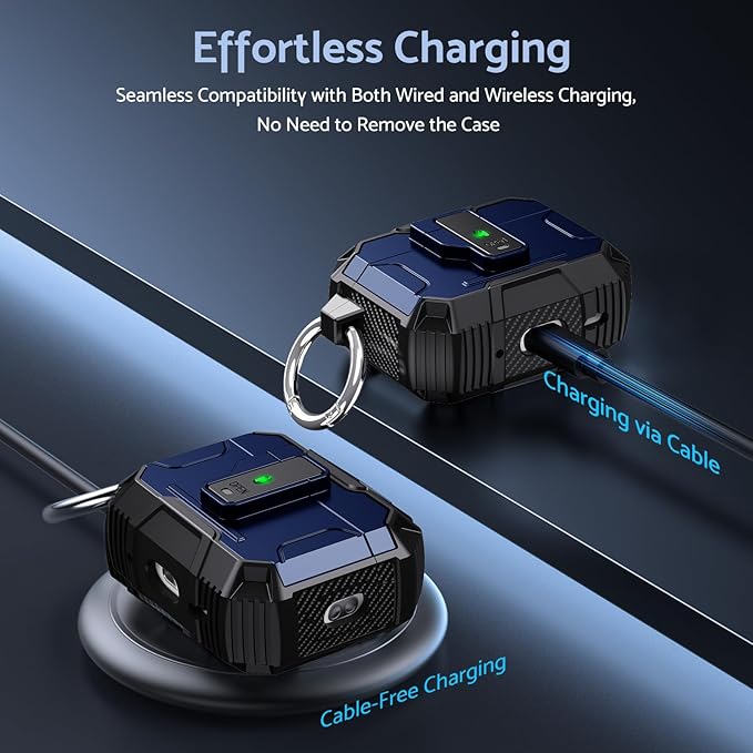 DASFOND Armor Earphone Cover Case for Airpods Pro 2, Military Grade Full Body Shockproof Protection Hard Case, Support Wireless Charging with Keychain, Magnetic Lid, Front LED Visible, Blue