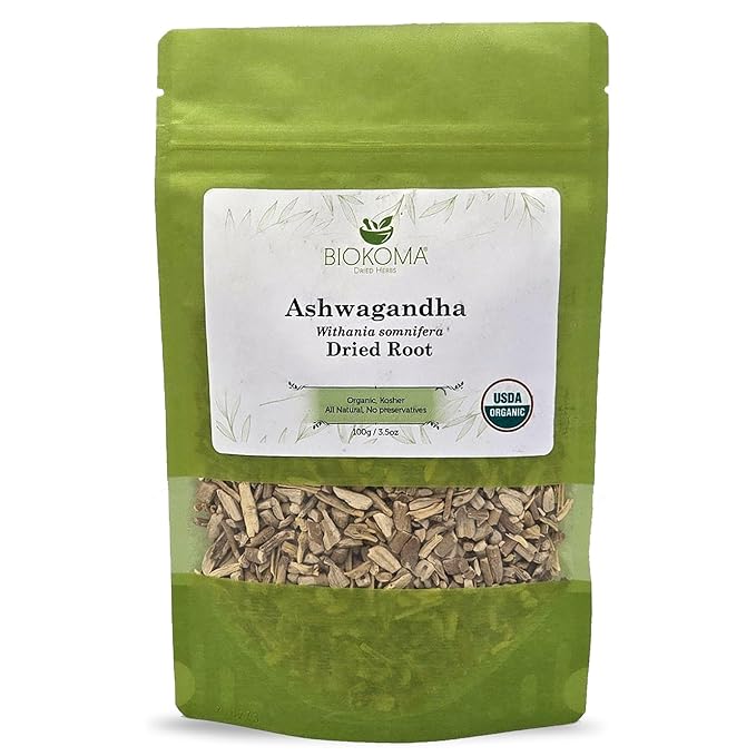 Biokoma Pure and Organic Biokoma Ashwagandha Dried Root 100g (3.55oz) in Resealable Moisture Proof Pouch, USDA Certified Organic - Herbal Tea, No Additives, No Preservatives, No GMO, Kosher