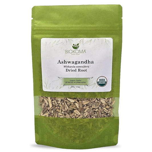Biokoma Pure and Organic Biokoma Ashwagandha Dried Root 100g (3.55oz) in Resealable Moisture Proof Pouch, USDA Certified Organic - Herbal Tea, No Additives, No Preservatives, No GMO, Kosher