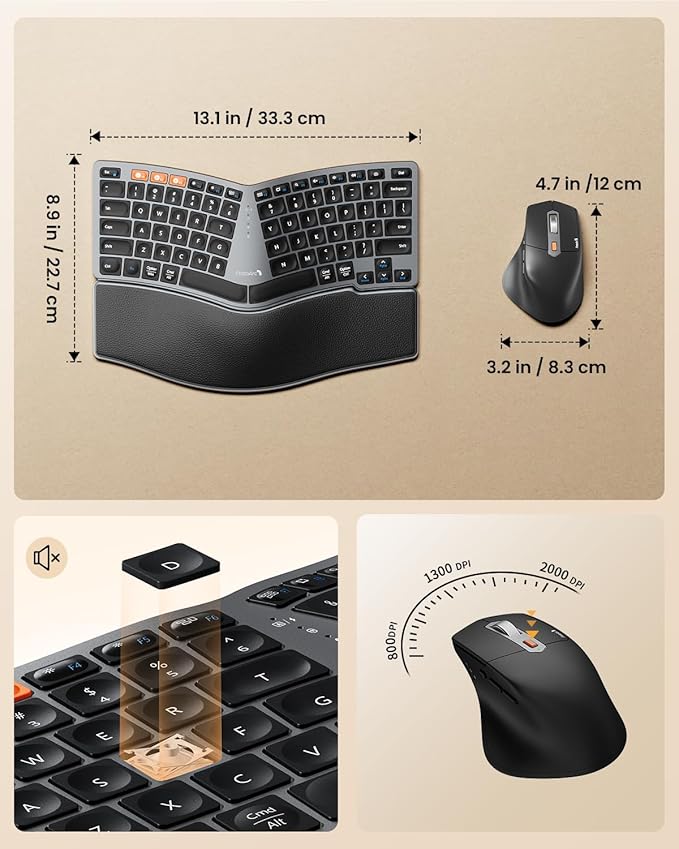 ProtoArc Bluetooth Ergonomic Keyboard Mouse, EKM04 Mini Compact Wireless Ergo Keyboard Mouse Combo, Split Design, Wrist Rest, Multi-Device, Rechargeable, Compatible with Windows/Mac/Android