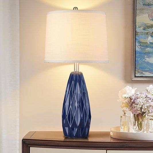 25'' Table Lamp Navy Blue Table Lamps Modern Ceramic Lamps for Night Stand - Dimmable Bedside Lamps for Nightstand, Bedroom Lamp for Living Room Desk End Table Office Guest Room