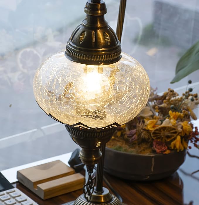 mozaist Turkish Moroccan Clear Glass Swan Neck Table Lamp, Authentic Vintage Bohemian Lamp Shade, Tiffany Style Gooseneck Office, Living Room Rustic Decor with E12 Socket & US Plug (Crack Clear)