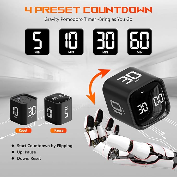 Cube Pomodoro Timer, Desk Productivity Timer 5/10/30/60 Minutes & Custom Countdown, Adjustable & Silent Visual Timer, ADHD Tool Flip Rotating Portable Multi Timers for Study Task Work Kitchen School