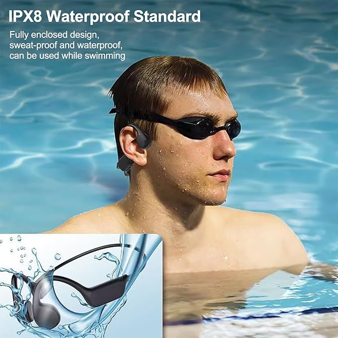 Bone Conduction Headphones Sports Headset Open-Ear Bluetooth 5.4 Wireless Swimming Earphones with Built-in Mic 32G Memory Magnetic Charging IPX8 Waterproof for Workout Running Cycling (Pure Black)