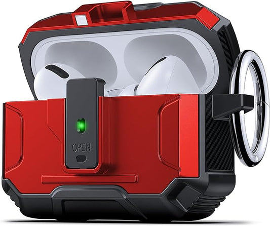 DASFOND Armor Earphone Cover Case for Airpods Pro, Military Grade Full Body Shockproof Protection Hard Case, Support Wireless Charging with Keychain, Magnetic Lid, Front LED Visible, Red