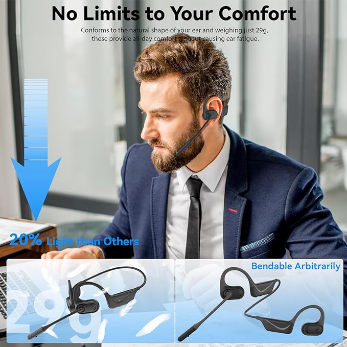 MONODEAL Open Ear Headphones with Mic, Lightweight Bluetooth 5.4 Headset with Microphone Noise Cancelling Mute Button, Wireless Headset Earphones for Work, Driving, Home Office, Workouts