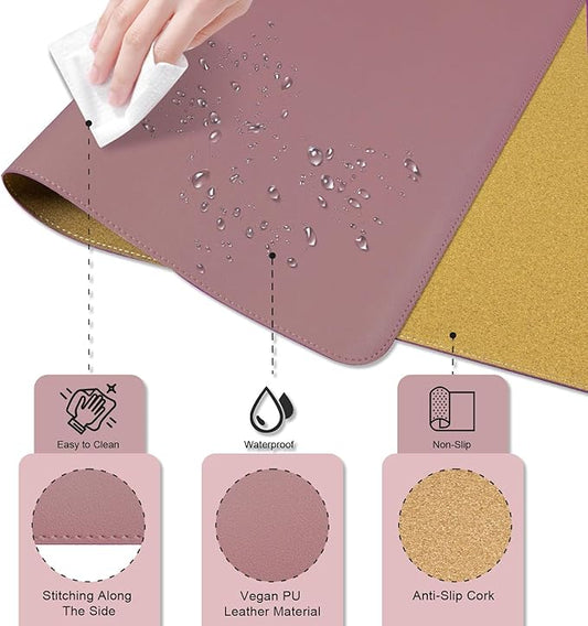 Large Desk Pad 35.4" x 17", Non-Slip Desk Mat with PU Leather & Natural Cork, Waterproof Writing Desk Natural Cork, Computer Mat Desk Protector for Office Home, Purple Pink