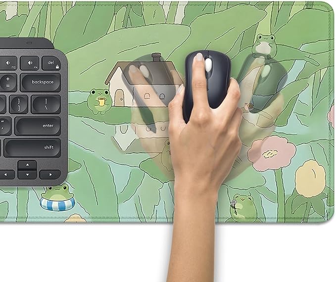 Cute Frog Desk Mat Mouse Pad,Cartoon Frog Desk Pad,Kawaii Green Desk Decor,Lotus Leaves and Flowers Desk Mat for Frog Desktop,Stitched Edges Non-Slip Rubber Base Mouse Mat for Office Home Work