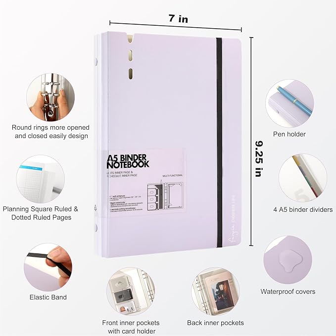 CAGIE A5 Binder 6 Ring Notebook with Dividers Refillable Planner Binder with Pockets, Refill Paper Include Planning Square Ruled and Dotted Pages (Purple and Blue, 2 Pcs A5 Daily&Dot Page)